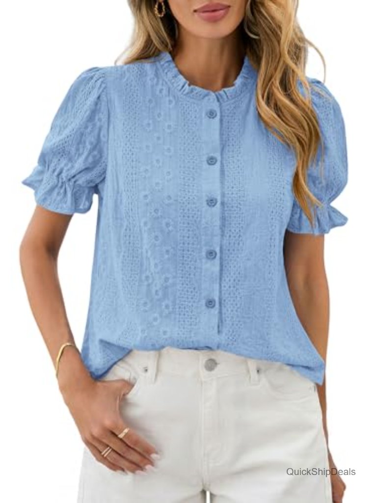 Cotton Embroidered Puff Short Sleeve Button Down Blouse Boho Top